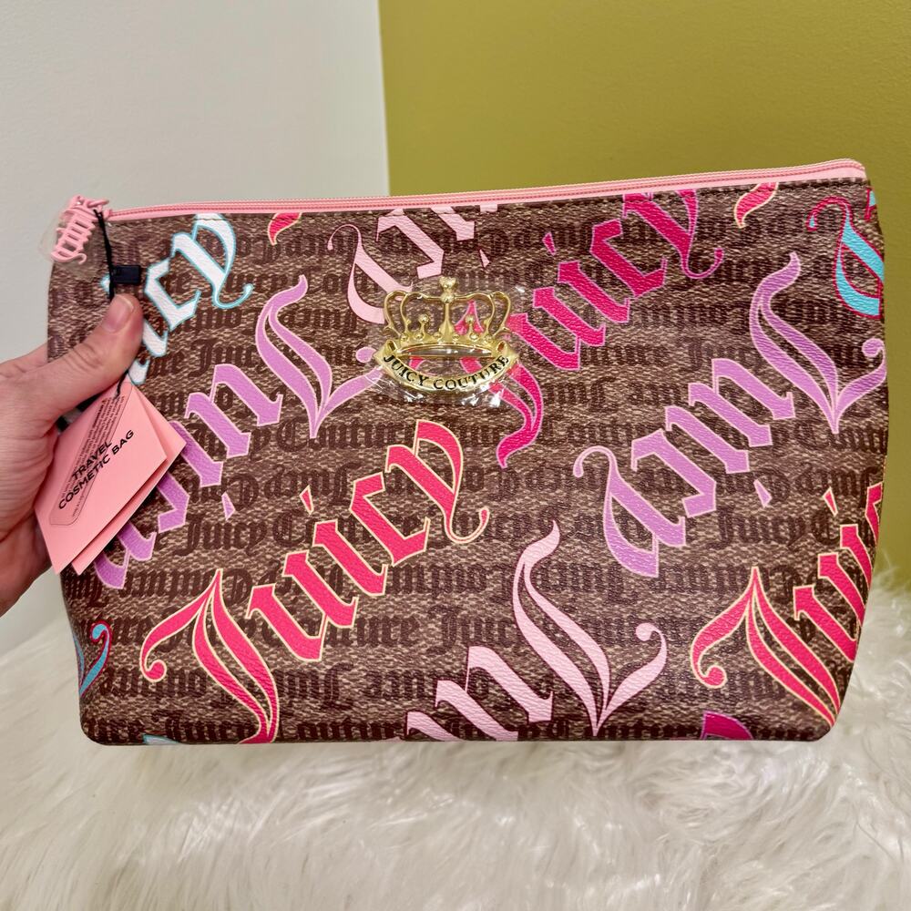 Juicy Couture Makeup Comestic Bag XL Rainbow All Over Logo Travel Clutch NWT